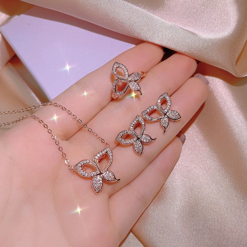 

Exquisite CZ Butterfly Necklace Ring Earrings Set Rose Gold Plated Micro Pave Cubic Zirconia Zircon Butterfly Jewelry Set