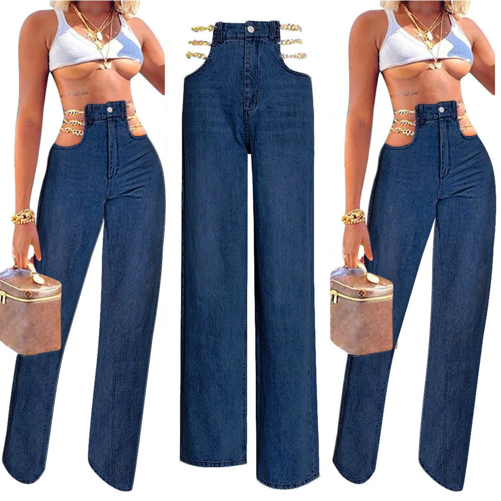 

020107 Wholesale hot hollow sexy denim trousers women's midriff outfit chain solid color fashion casual straight pants