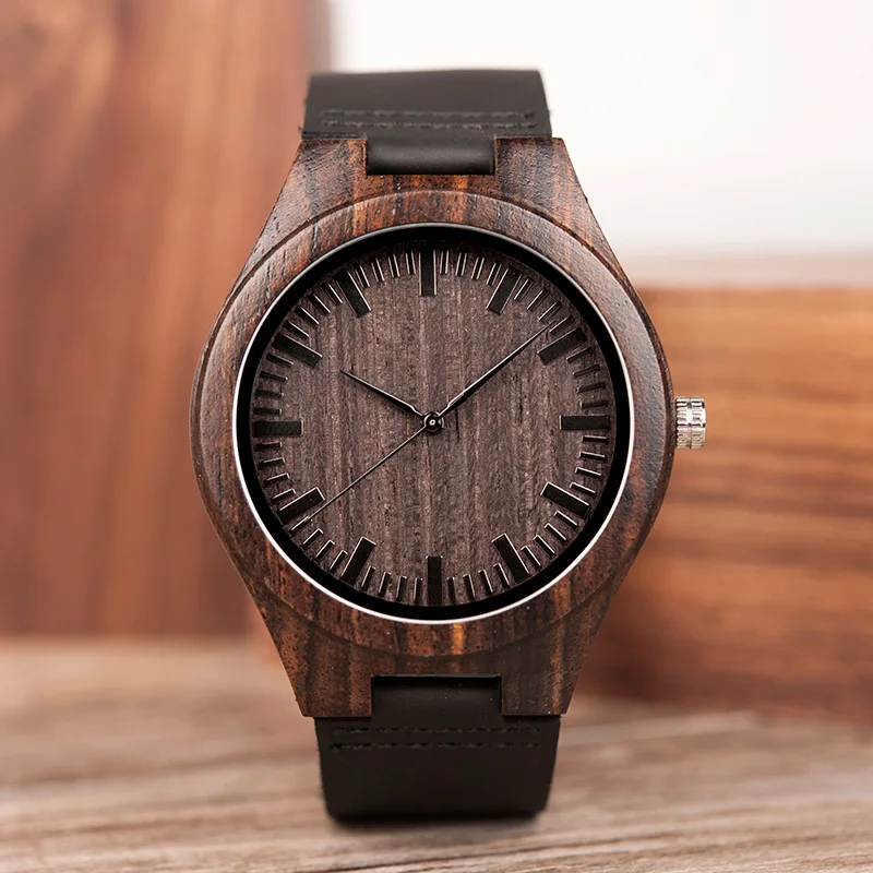 

Wrist Watches Custom Logo Eco-friendly Wooden Ebony Quartz Glass Leather Men Round Pointer No Waterproof 45mm CN;ZHE 25.7g 22cm