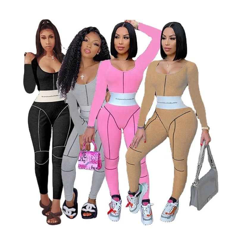 

Z15020 Women Sexy Jumpsuit Long Sleeve Backless Women Tweed Curve Fitted Active Patchwork Letter Bodysuit Skinny Jogger Jumpsuit, As picture shows