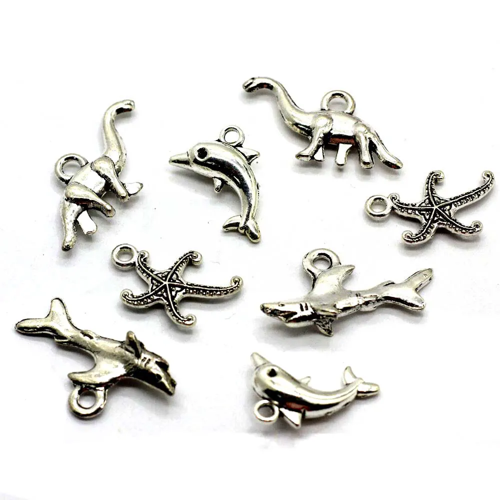 

50Pcs Marine Life Antique Silver Charm Collection Dolphin Whale Starfish Sea Horse Ocean Sea Animal Pendants For Jewelry Making