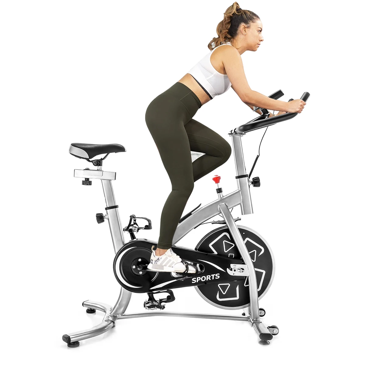 

Indoor Cycling Home Use Fitness Exercising Silent Belt Drive Spin Bike, Silver+black