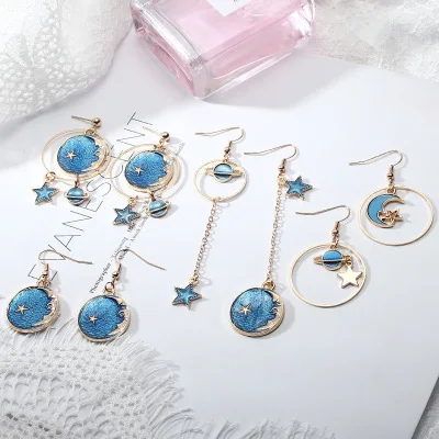 

Blue star planet earrings Long tassel asymmetrical eardrop stud girl