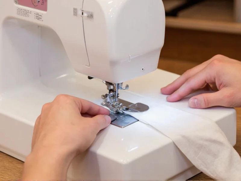 Close-up of hands testing sewing machine tension at Michaels store