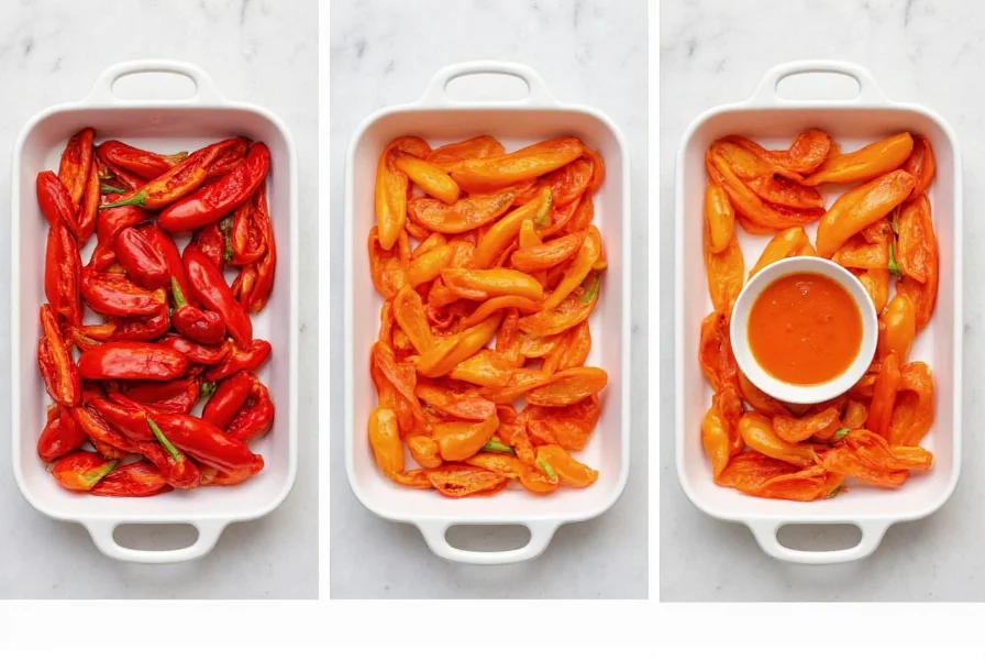 Step-by-step process of making roasted red pepper dipping sauce showing roasted peppers, peeled peppers, and finished dip in bowl