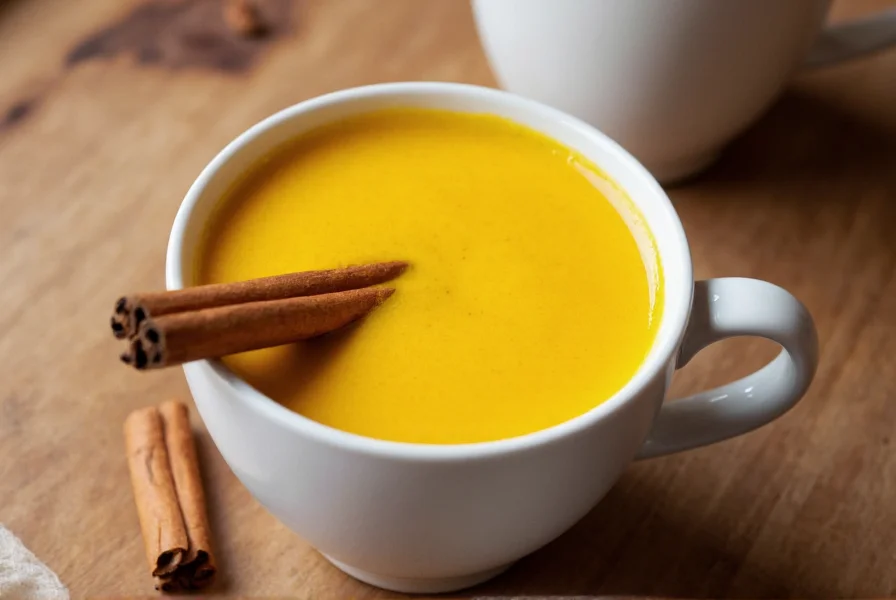 Golden turmeric latte in white ceramic mug with cinnamon stick garnish on wooden table