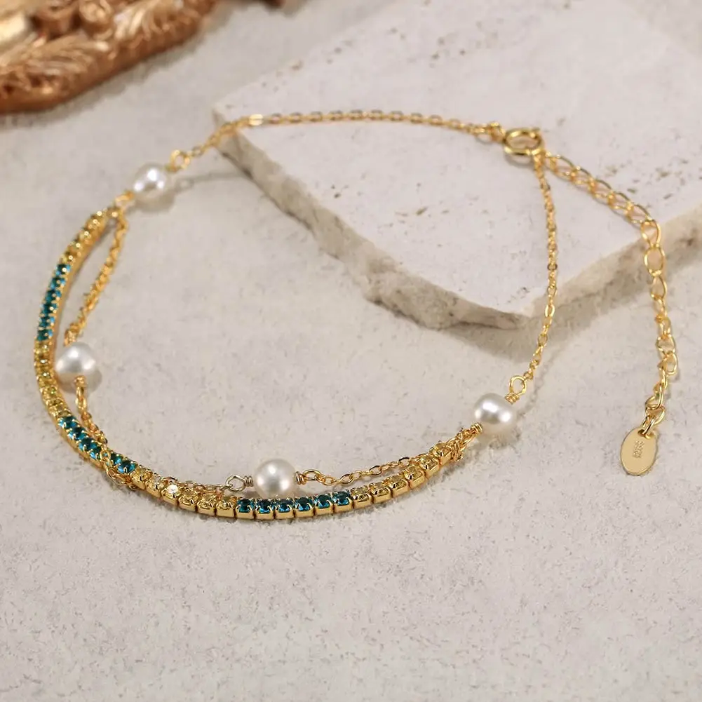 RINNTIN GPB26 Dainty 925 Silver 14K Real Yellow Gold Plated Double Layered Tennis Chain Pearl Bracelets With Extension Link