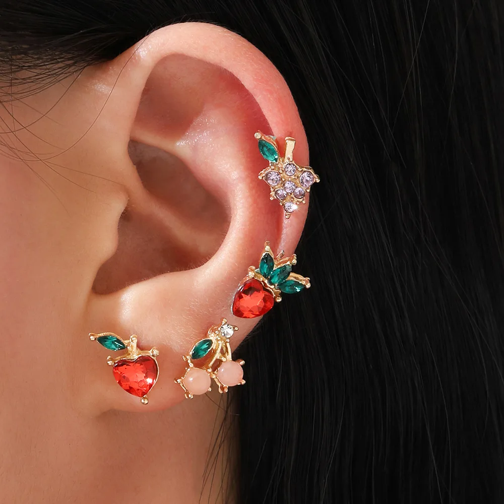 

4 Pairs Set Sweet Crystal Diamond Fruit Apple Strawberry Cherry Grape Stud Earring For Girl, Picture shows/custom color