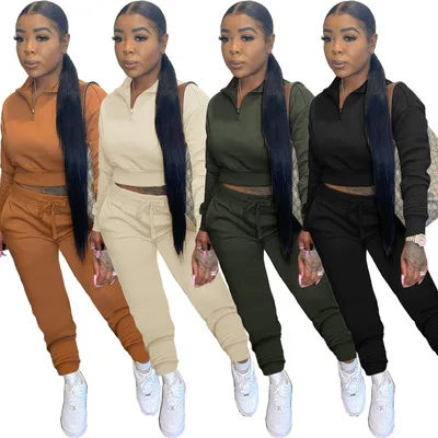 

2021 Fall Women Clothes Solid Turtleneck Crop Top With Sweatpants 2 Piece Set Women Sport Joggers Sweat suit