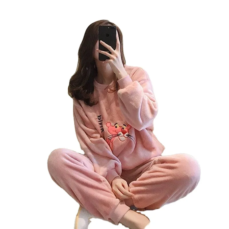 

Pajamas women winter flannel long-sleeved thickening plus velvet coral velvet cute home pajamas two-piece suit women