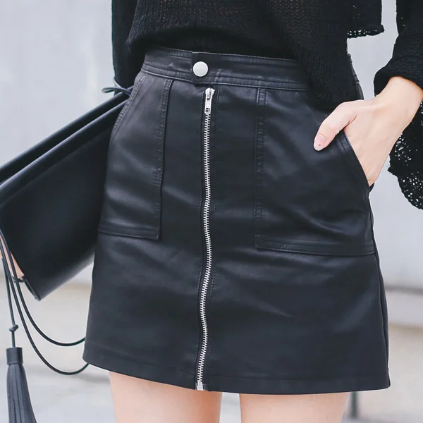 

2019 Autumn Winter PU Leather Sexy Mini Skirt With Pockets Zipper A-line Package Hip High Waist Women Clothing