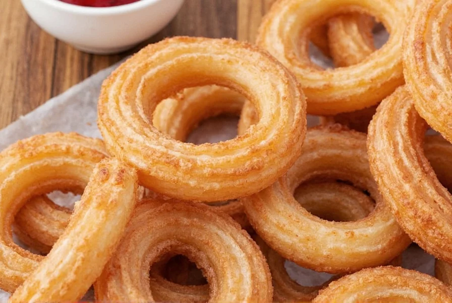 Artistic arrangement of freshly made cinnamon churros with dipping sauces and garnishes