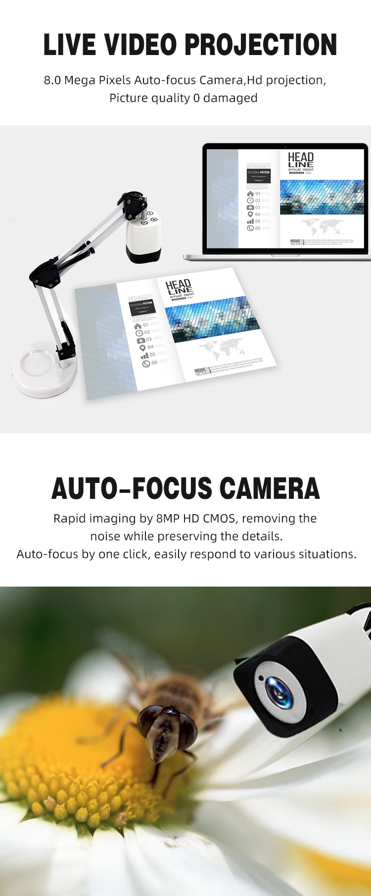 Auto Focus 8mp Document Scanner Visualizer Document Camera For