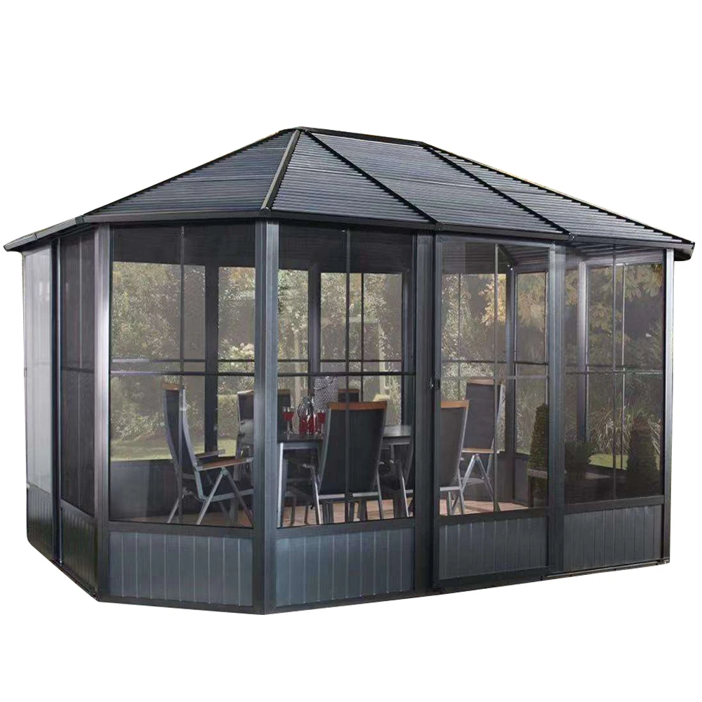 

Luxurious large sun room  gazebos wood grain aluminium alloy black high-end waterproof sun shade