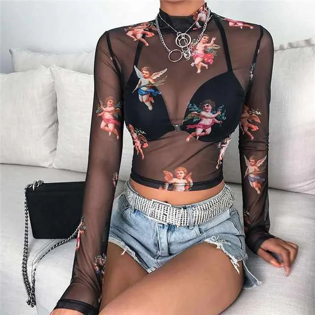 

Long-sleeved Printed T-shirt Women's Autumn Hot Style Half High Neck Mesh See-through Cropped Street Top Women, Picture showed