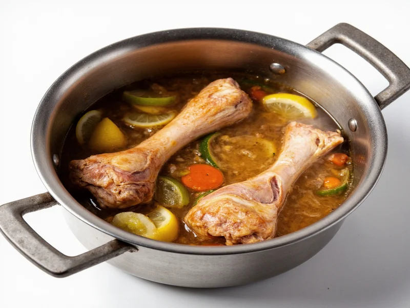 Stainless steel pot with chicken bones and vegetables simmering
