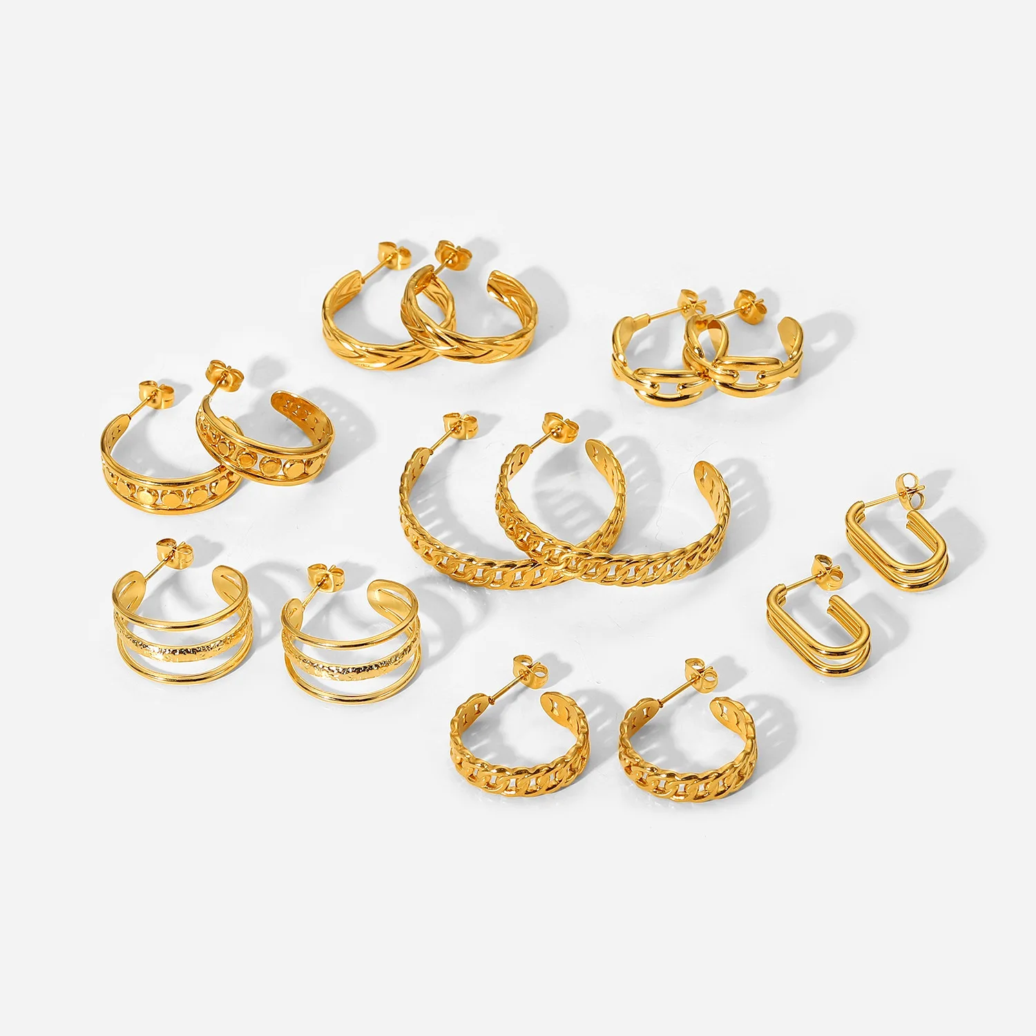 

Hanpai women fashion 18k gold plated hoop chain earring C shape earring stainless steel hoop earrings