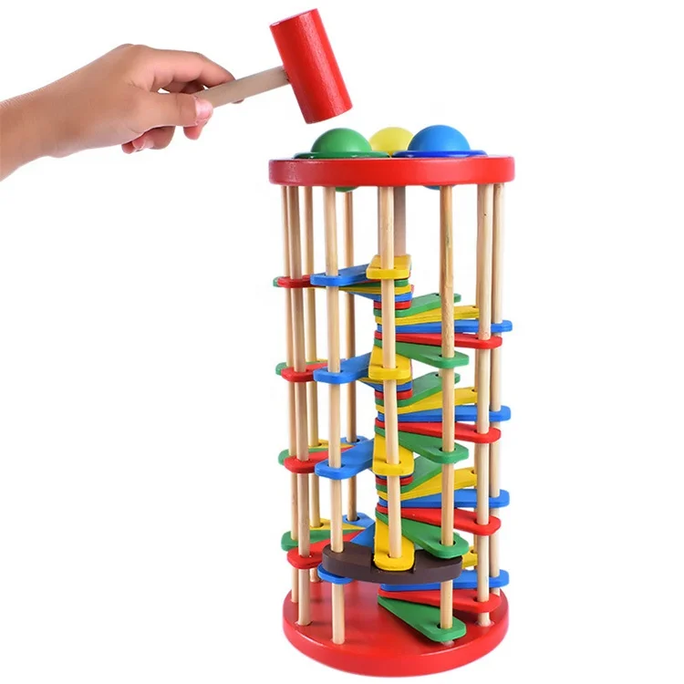 

Hot Selling Creative Pound Roll Wooden Tower with Hammer Knock the Ball Rolling Off Ladder Wooden Toys Early Education juguetes