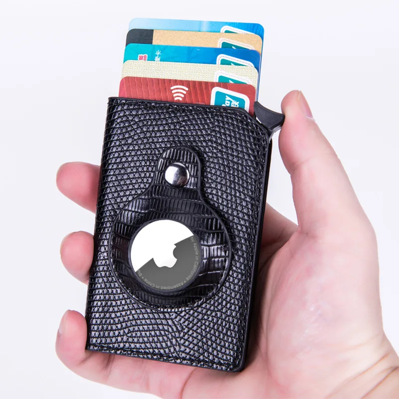 

Dropshiping PU RFID Blocking Aluminium Automatic Popup Credit Card Holder Smart AirTag Wallet, Black, apricot, green