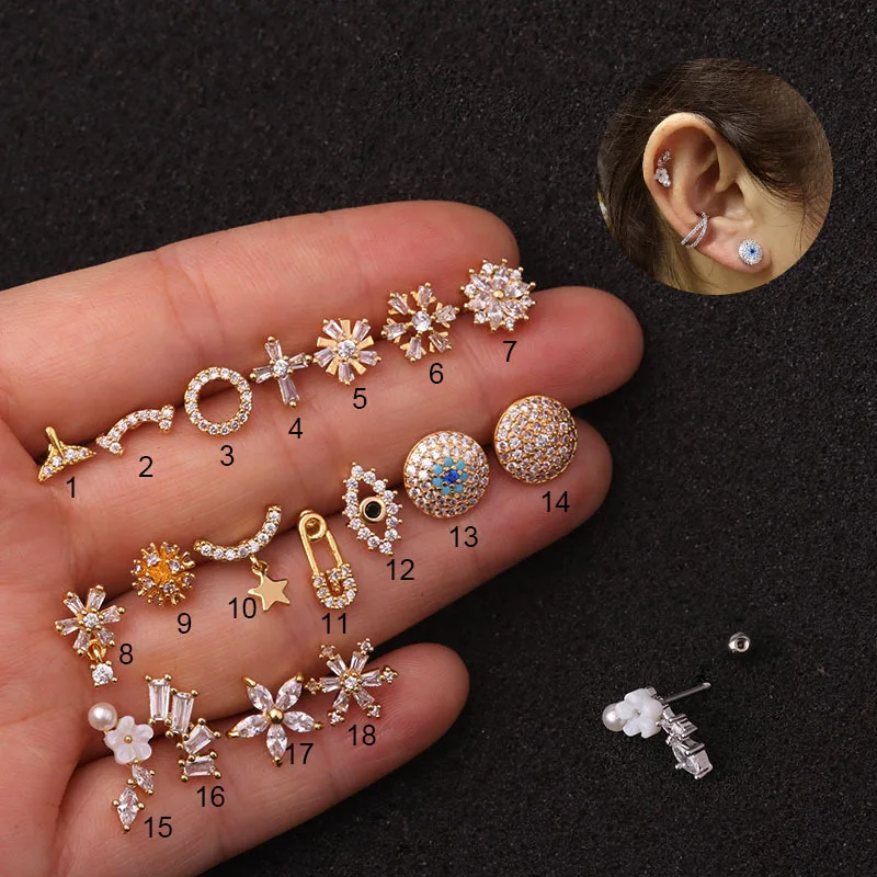 

Gold Frolita cartilage Ear Stud Stainless Steel Ear Bone Nails Zircon Screw Stud Earrings Women's Earrings Piercing Jewelry