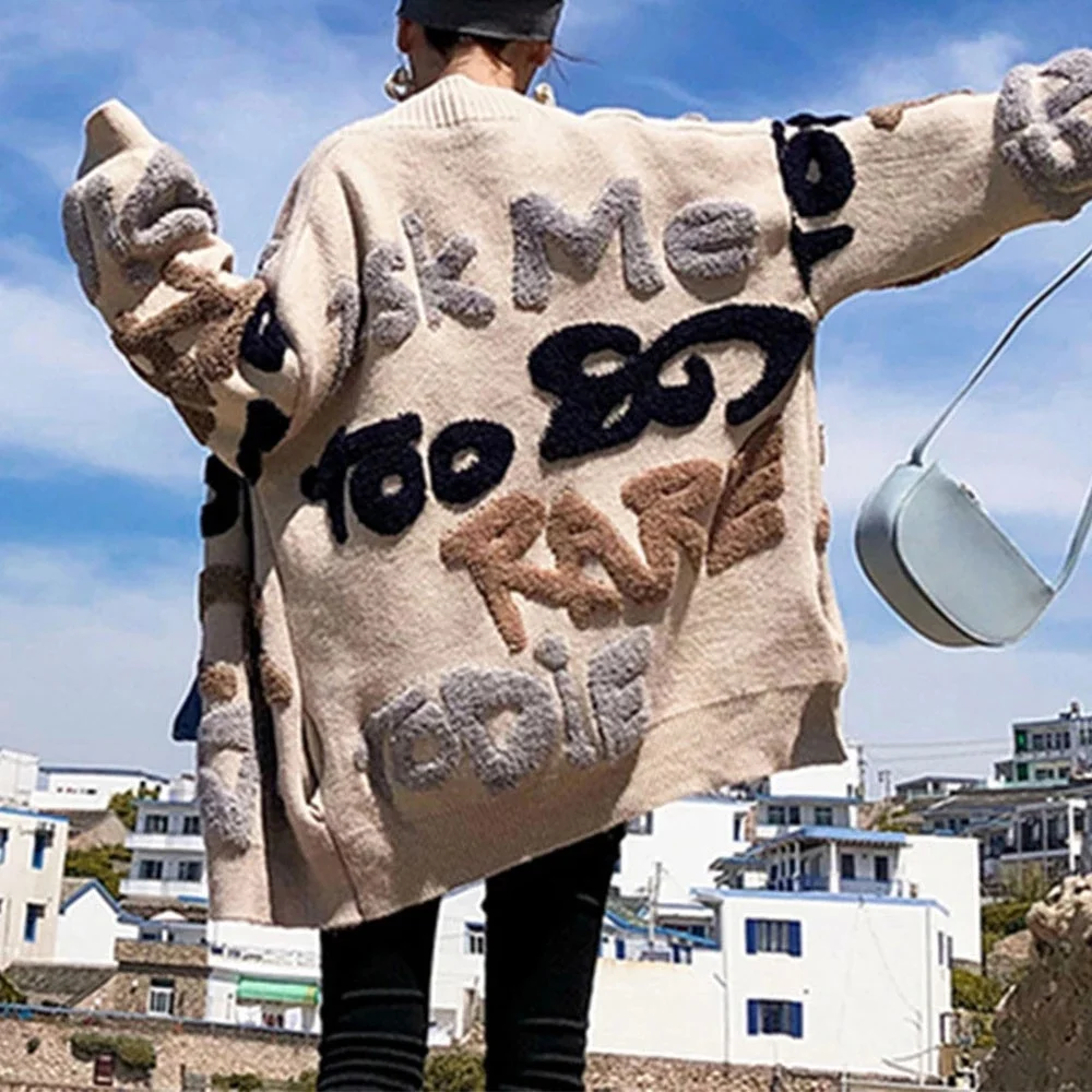 

Casual Oversize Letter Print Cardigan Sweater Female Fashion Thick Warm Korean Knitted Coat Outwear Knitwear 2021 Winter Jersey