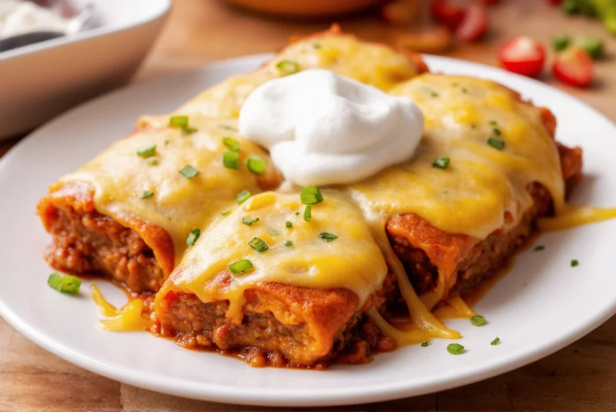 Sliced chili squares served on a plate with melted cheese and sour cream topping