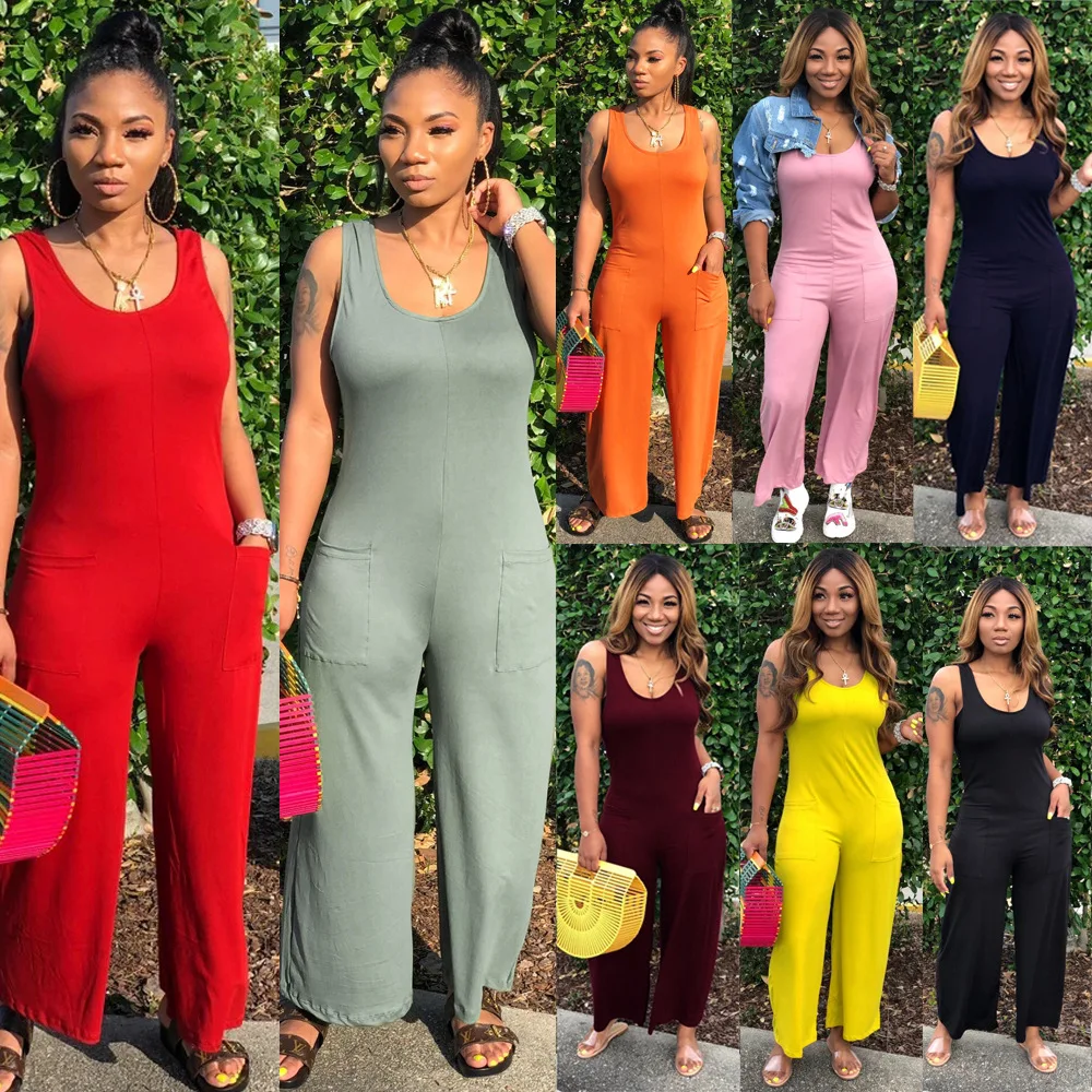 

Sexy Bodysuit One Piece Sleeveless Summer Solid Workout Club O neck Loose Pants Women Casual Jumpsuit, Black, red,pink,yellow,green,orange,wine red