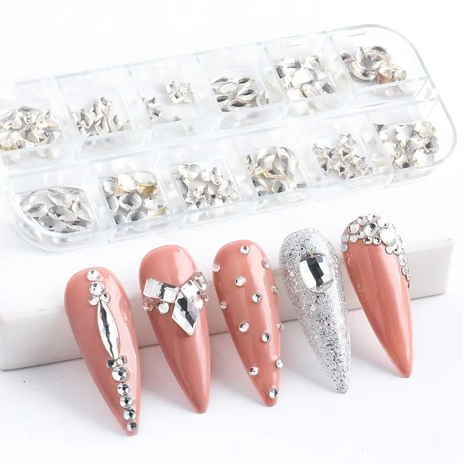 

Nail Art Rhinestone Decoration 12 Grids Boxed Red White Shiny Flat Bottom Diamond, 3 colors