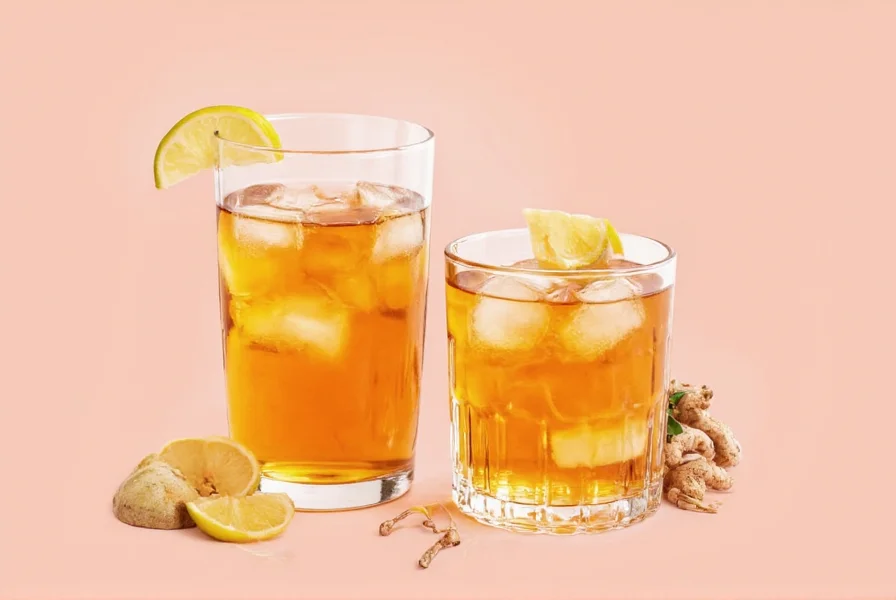 Fresh ginger root next to ginger ale bottle showing minimal ginger content
