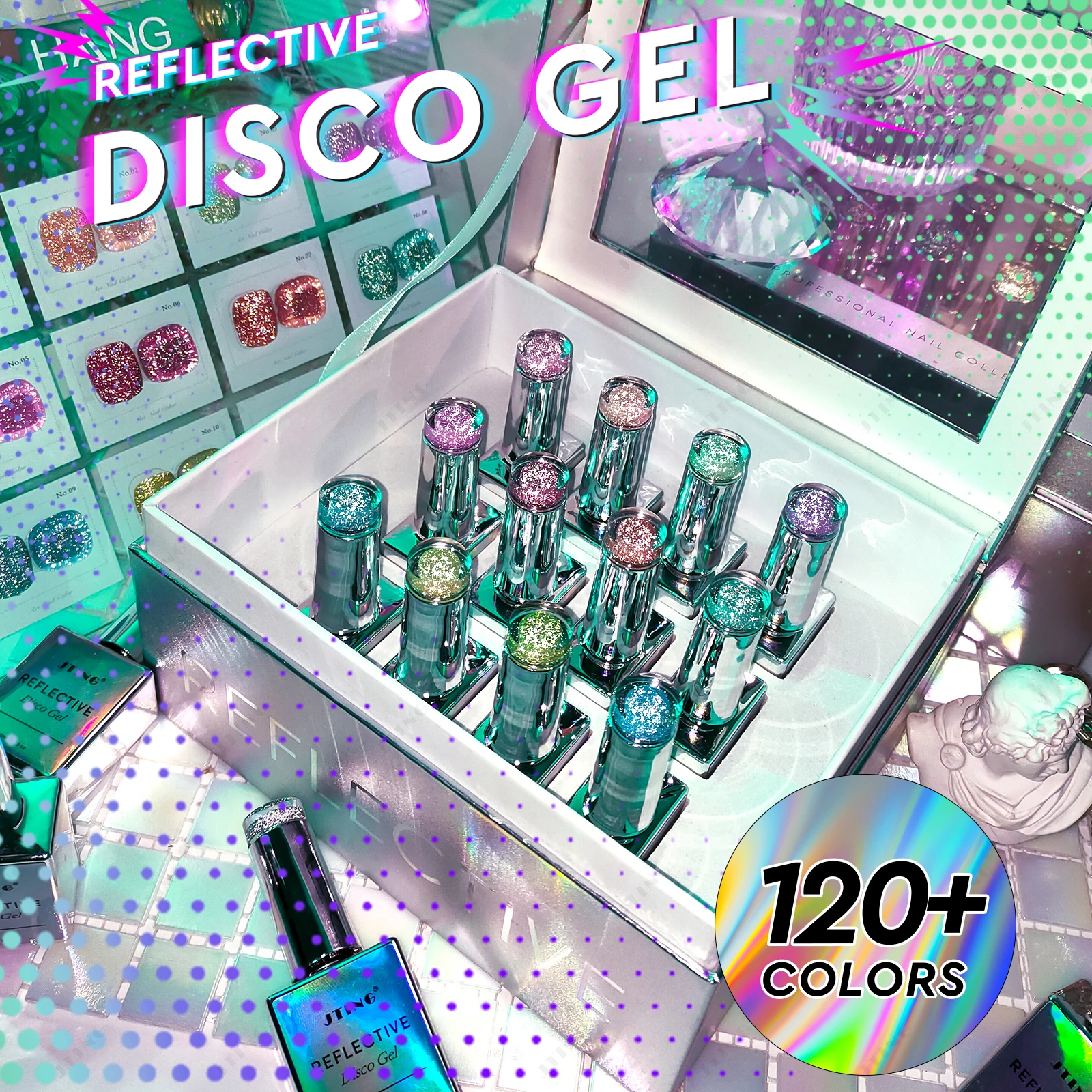 

JTING Super Trend 12colors reflective disco gel polish collection with Unique Laser set box diamond glitter gel nail polish