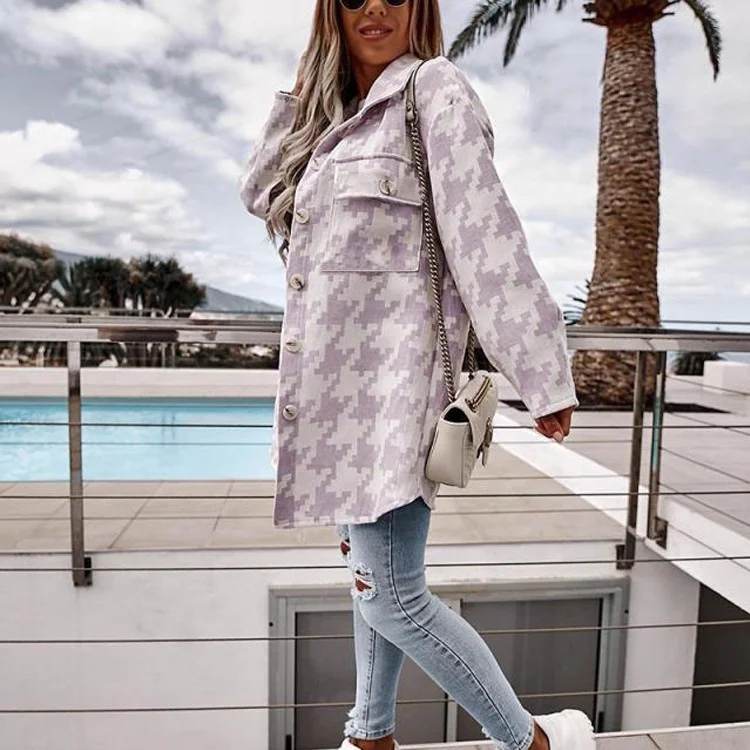 

Fashion Winter Outwear Houndstooth Clothing Long Women Winter Coat Fashion Loose Knit Cardigan Woolen Houndstooth Coat