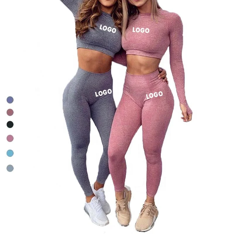 

Wholesale custom logo seamless long sleeve crop top sports activewear sets 2 piece leggings fitness womens workout sets, 6 existing colors, also can be customized