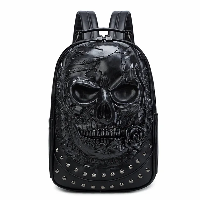 

Mens Laptop Computer Knapsack Pu leather Punk rivets skull pattern School Bag 3D Embossed Creative personality Backpack, Customized color