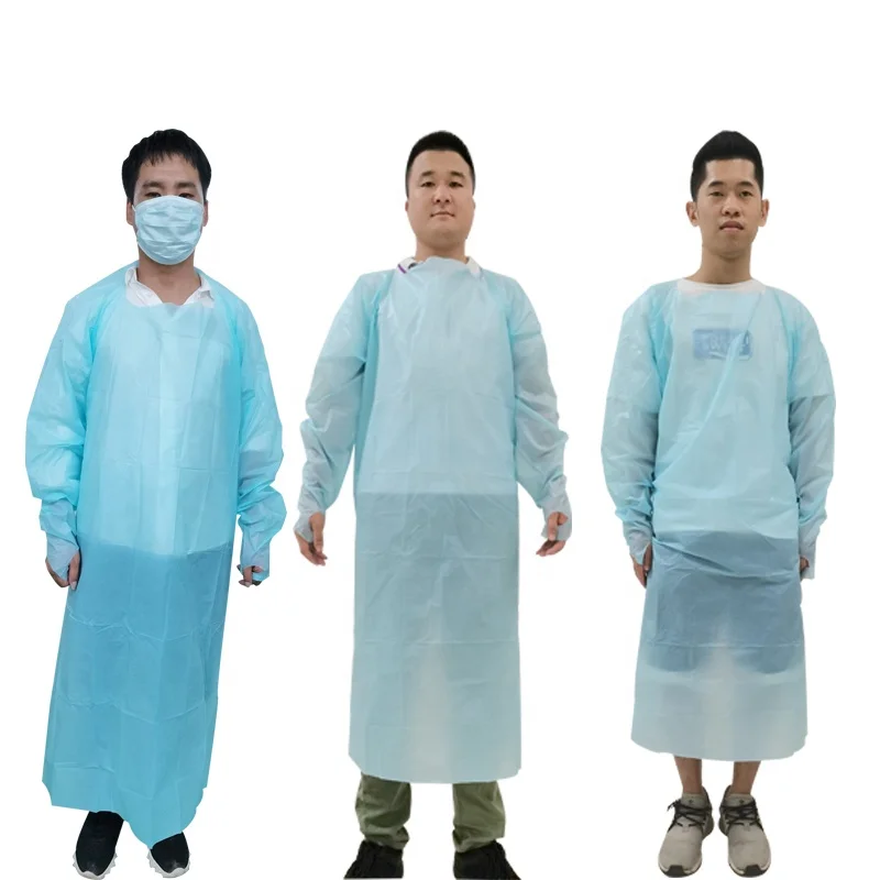 

Good price cpe breathable patient disposable gown with tumb loop en14126 high quality blue plastic 40g 45g cpe gown, Bule/white/green/orange