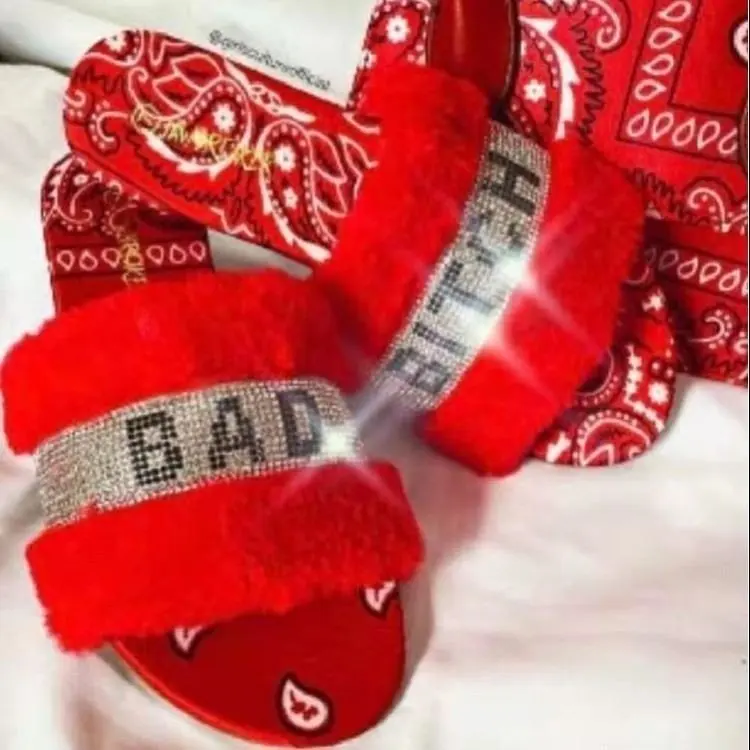 

2021 summer new flower silk satin rhinestone wool slippers female letters female sandals and slippers, As shown in figure