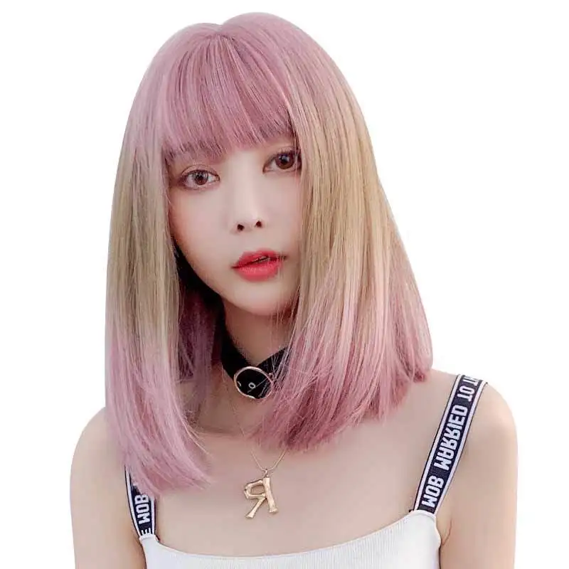 

2 Color New Wig Female Gradient Pink Hair Fashion Synthetic Wigs Straight