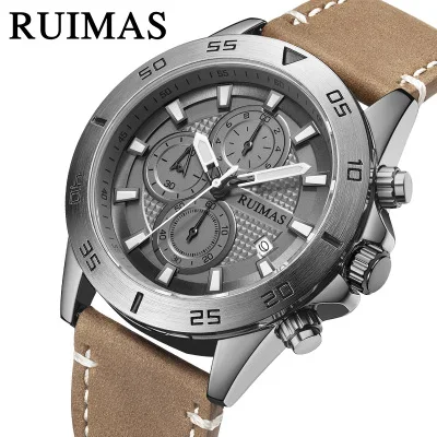 

RUIMAS 572 Men Quartz Watch Fashion Military Chronograph Watches Luminous Leather Strap