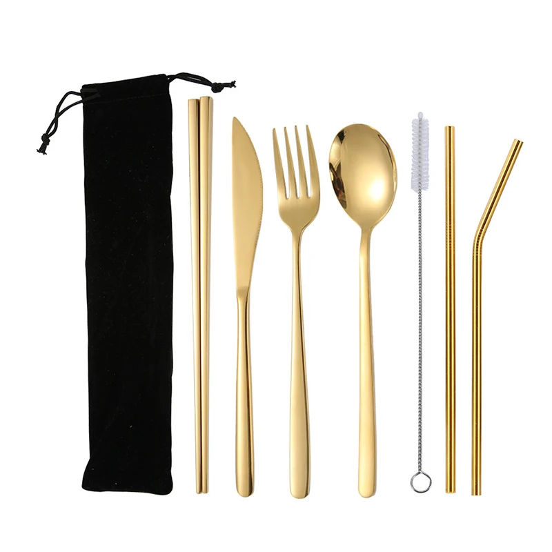 

304 Stainless Steel Travel Cutlery Spoon Chopstick Portable Cutlery Set with Pouch Metal Drinking Straw Flatware Set, Sliver,gold,rose gold,rainbow,black