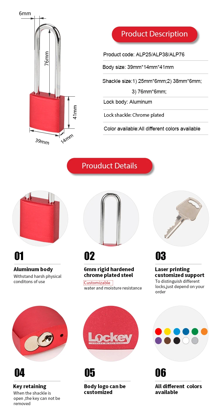 Custom Lock Shackle Long Pad lock Colorful Anodized Solid Aluminum Safety Lockout Padlocks