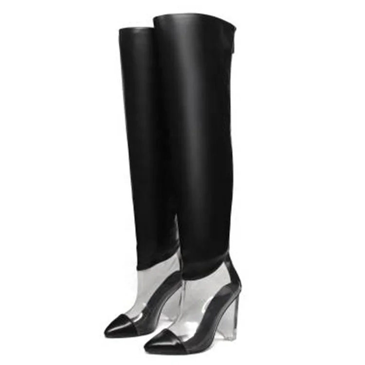 

2019 autumn and winter catwalk fashion trend European and American style transparent knee boots ladies all-match boots, Black,white,sliver