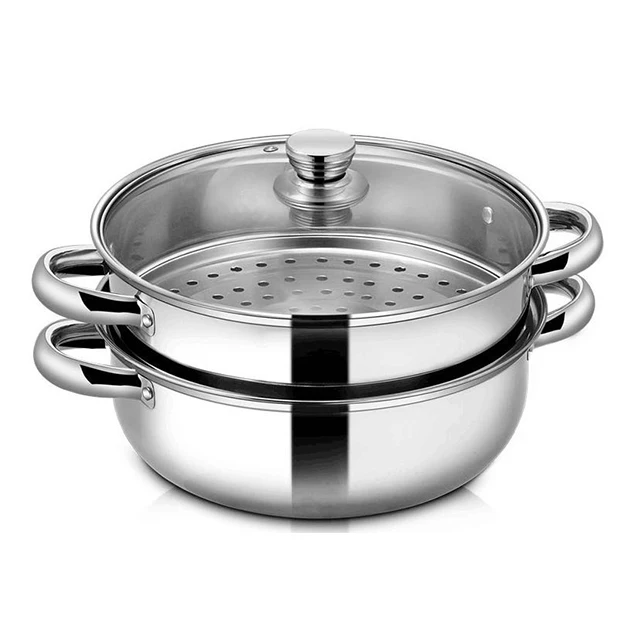 

Wholesale household cooking double cooker stainless steel soup pot steamer with glass lid customizable logo, Silver