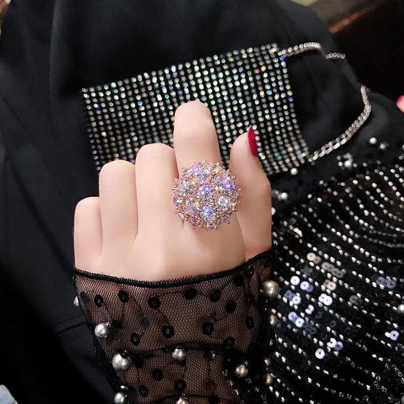 

Luxury Big Full Zircon Stone Ring Female Engagement Ring Vintage Party Wedding Band Crystal Flower Rings For Women