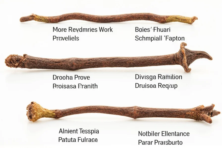 Close-up of whole cloves showing nail-shaped buds with bulbous heads and slender stems