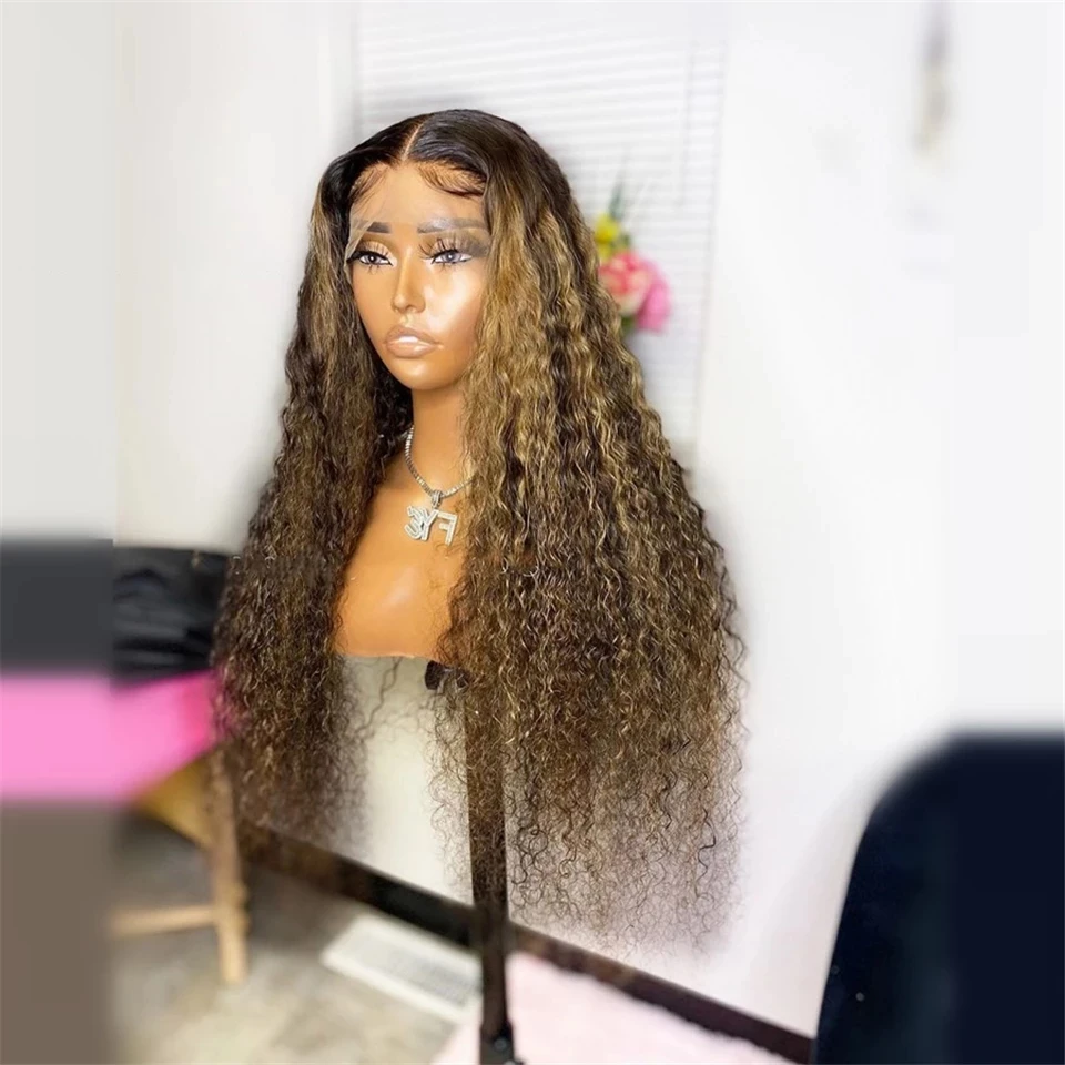 

Highlight Ombre Curly Human Hair Wigs 360 Lace Frontal Wigs For Women Bleached Knots Mongolian PrePlucked 180Density Lace Front, Natrual color wig