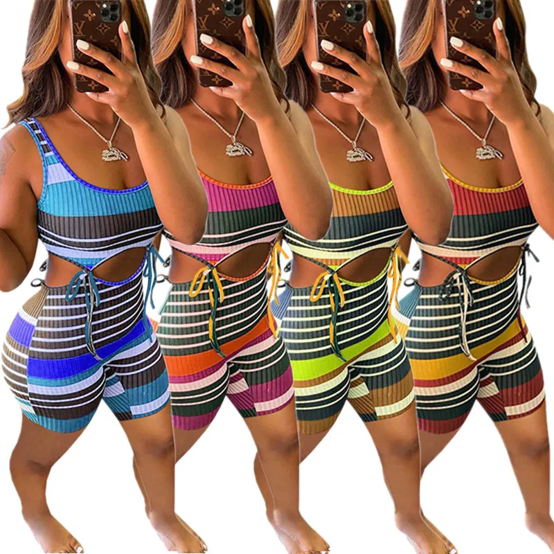 

women summer clothing 2021 casual rompers Fashion ribbed striped two piece lace up shorts jumpsuits, Picture color jumpsuit