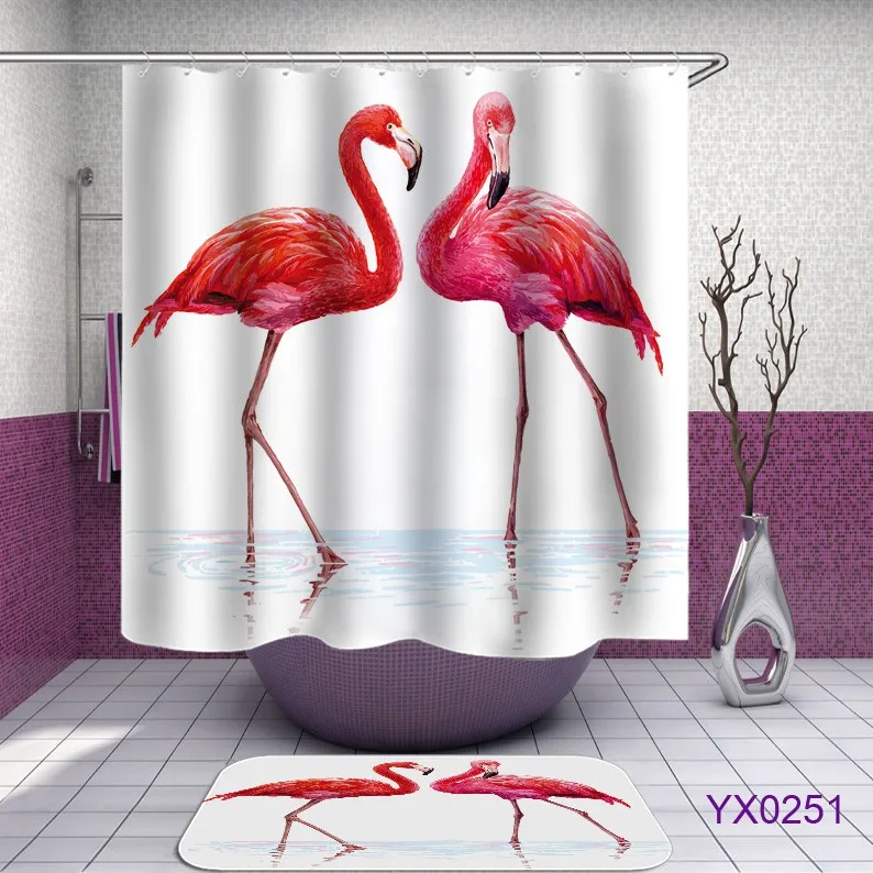 

Digital printing custom bathroom animal flamingo shower curtain sets with rugs