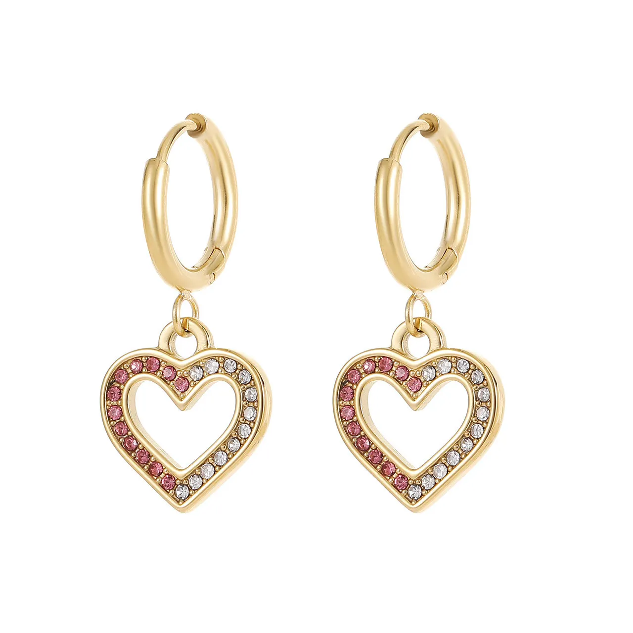 

New Design Non Tarnish Jewelry 14K Gold Plated Inlaid Zircon Heart Huggie Earring Stainless Steel Cubic Zirconia Drop Earrings