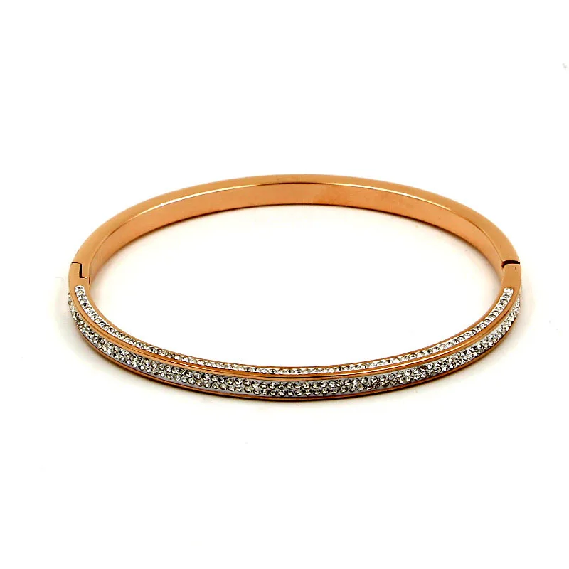 

Fashion Jewelry ladies Bangle Bracelets With Two Line Crystal Rhinestone Pave Stainless Steel Opening Bangle For Women