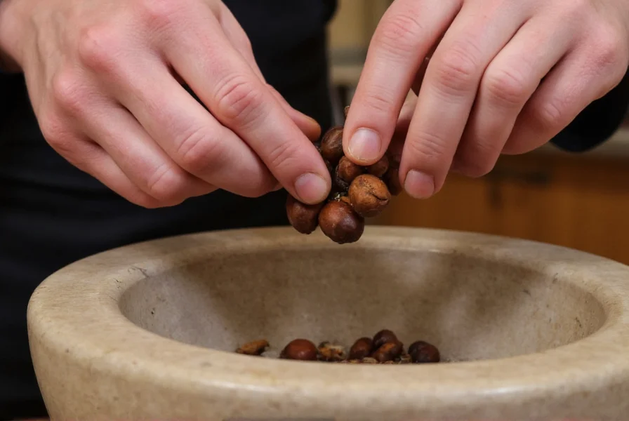 Chef's hands measuring whole nutmeg and mace blades into a mortar for grinding
