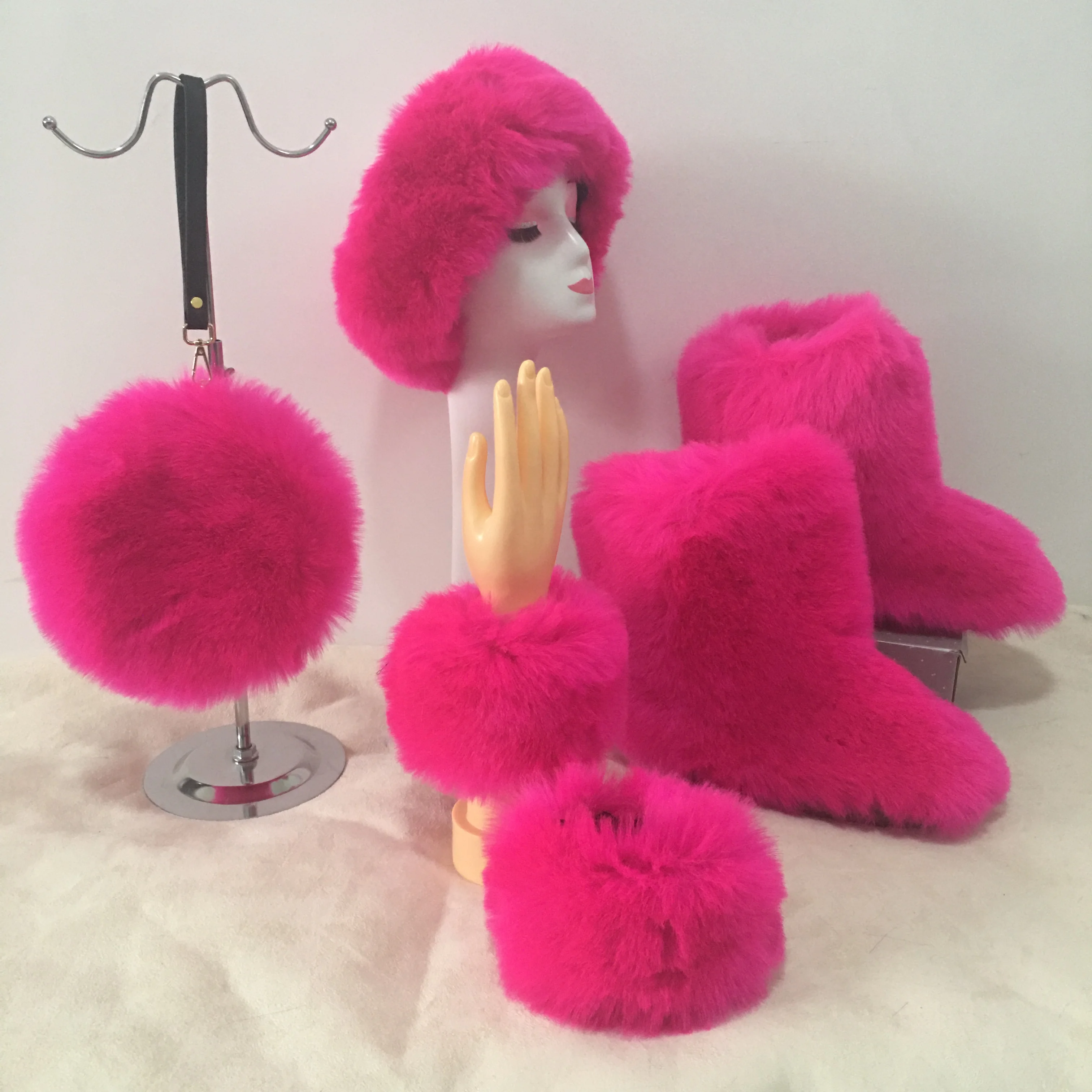 

winter boots four piece set Fur boots bag wrist fur headgear winter warm women's suit